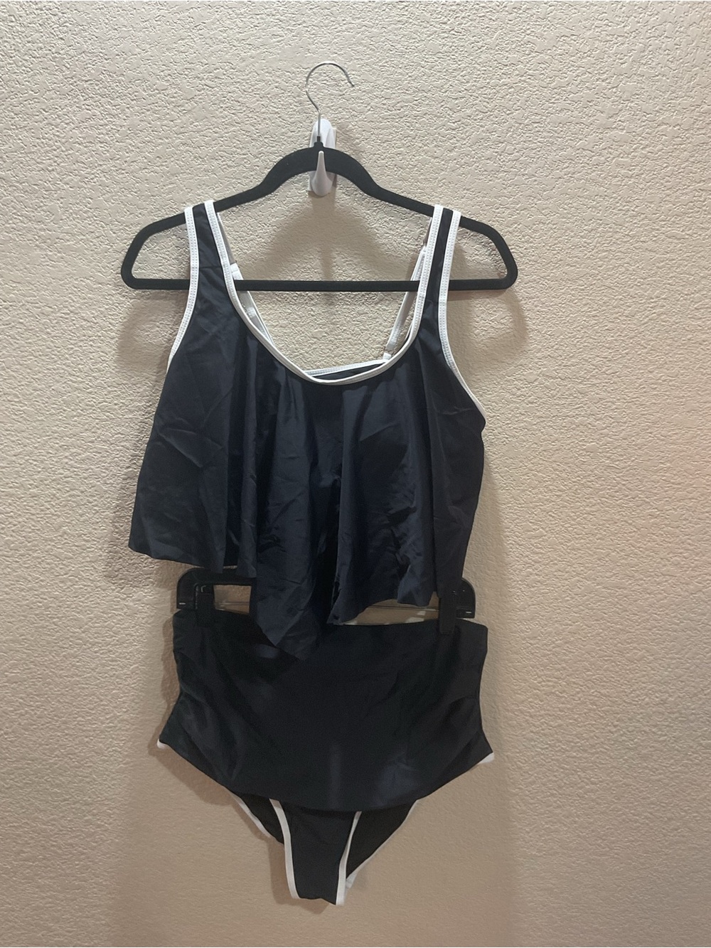 Black Flounce Bikini Set with White Trim